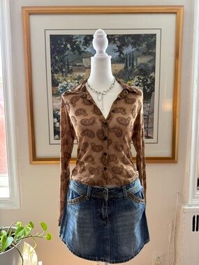 Motel Rocks Mesh Brown Paisley Long- Sleeve Button Front Top. Size S